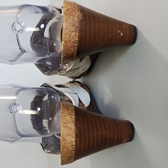 White Wedge Sandals with Leather Straps Stitching Cork Soles - Picture 5 of 13